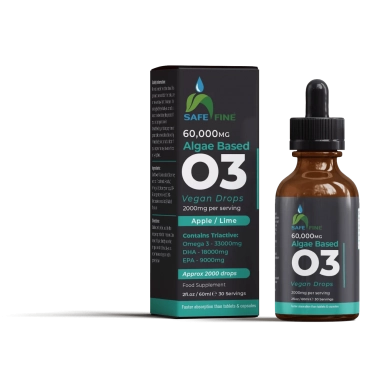 SafeFine Omega 3 Liquid Vegan Drops - DHA from Algae Oil - 60 ml Dropper Bottle - 2000 mg per Serving Plant Based Algae Source Supports Heart Brain & Eyes